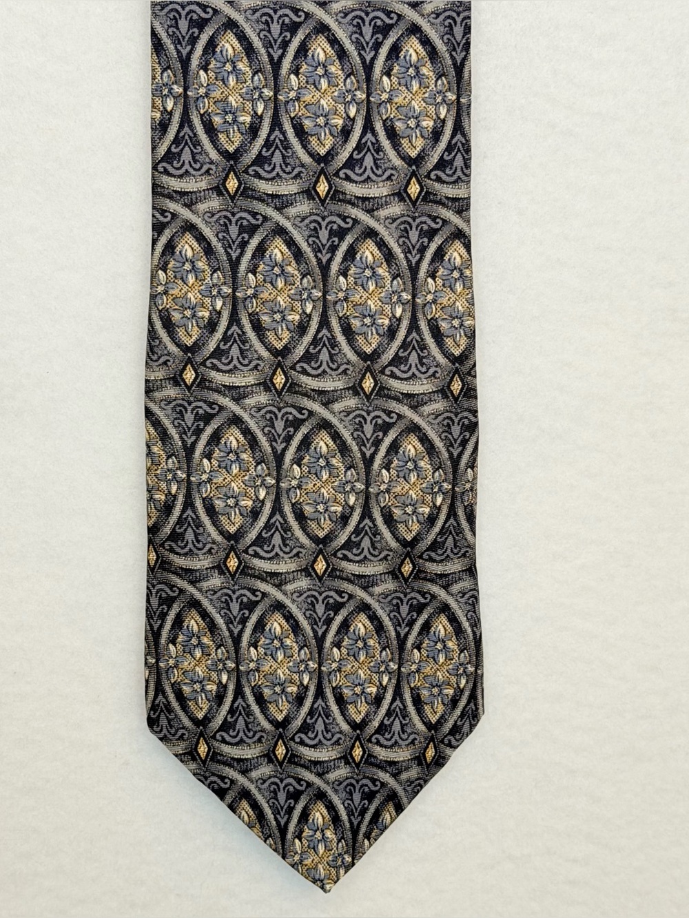 Barrington 100% Silk Necktie Gray Blue Gold Medallion Floral Geometric Tie